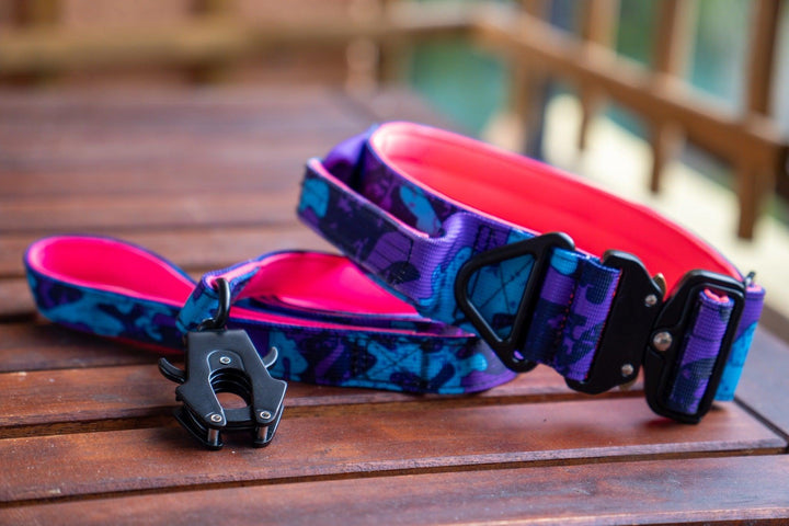 Bobbis Tactical Hundehalsband mit Griff & Leine- Lila Camo pink set - Bobbis Store Hunde