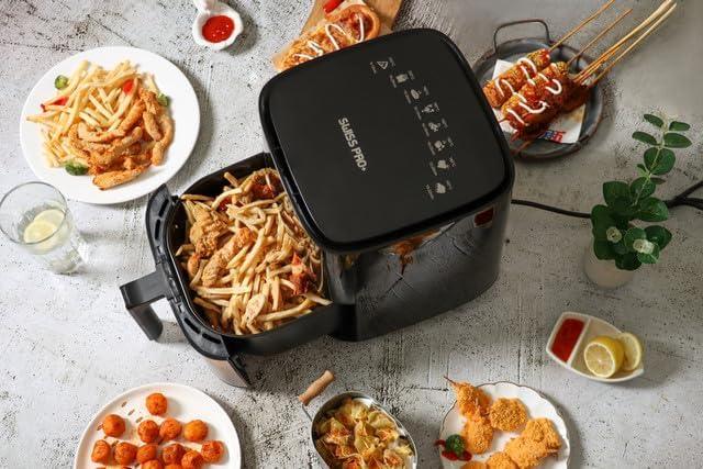 Swiss Pro+ Heißluftfritteuse Digital Airfryer - 5L - Edelstahl - Silber - 1450W - Bobbis Store Hunde