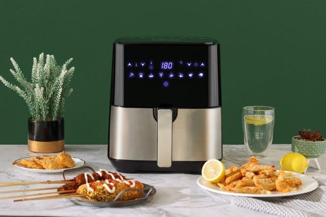 Swiss Pro+ Heißluftfritteuse Digital Airfryer - 5L - Edelstahl - Silber - 1450W - Bobbis Store Hunde
